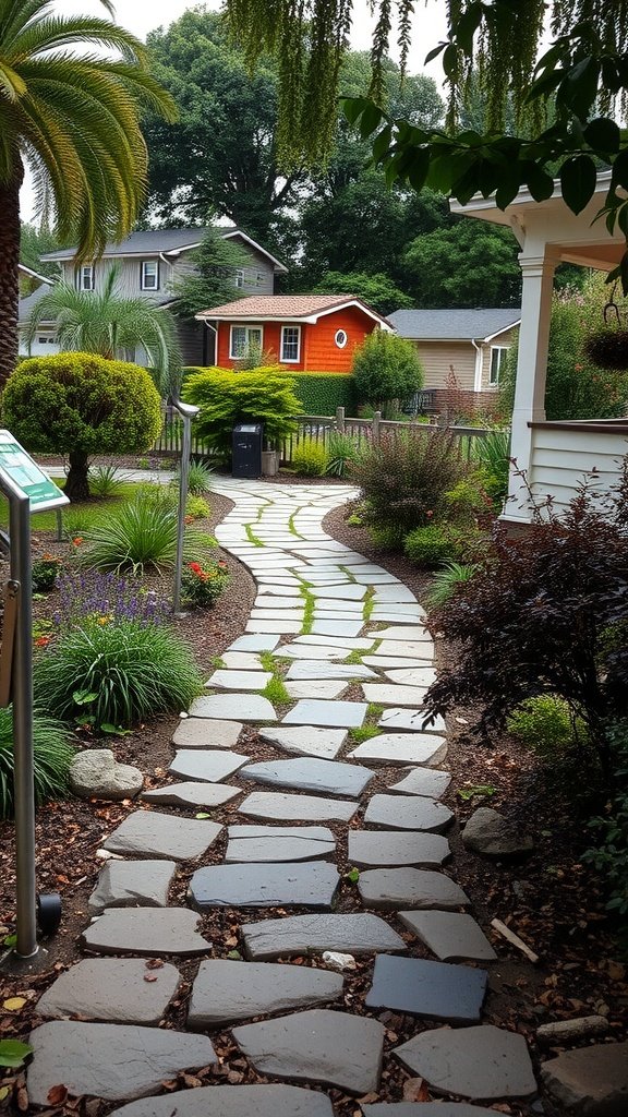 A winding stone pathway surrounded by greenery and colorful plants