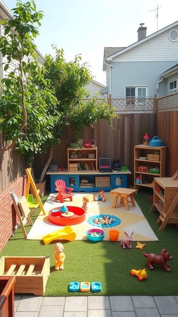 A vibrant small play area for kids featuring toys, seating, and a soft rug in a backyard setting.