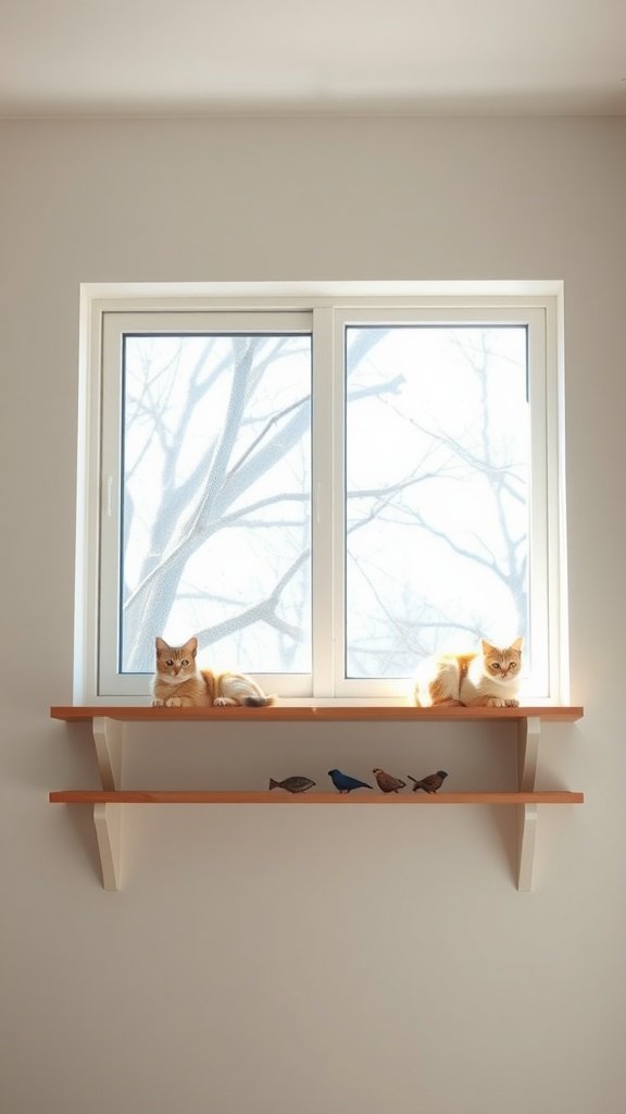 Two cats lounging on wooden shelves under a window.