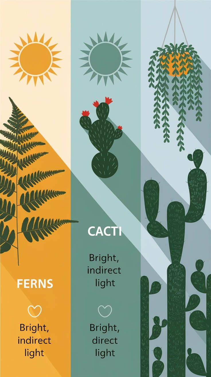 Illustration showing light requirements for ferns and cacti.