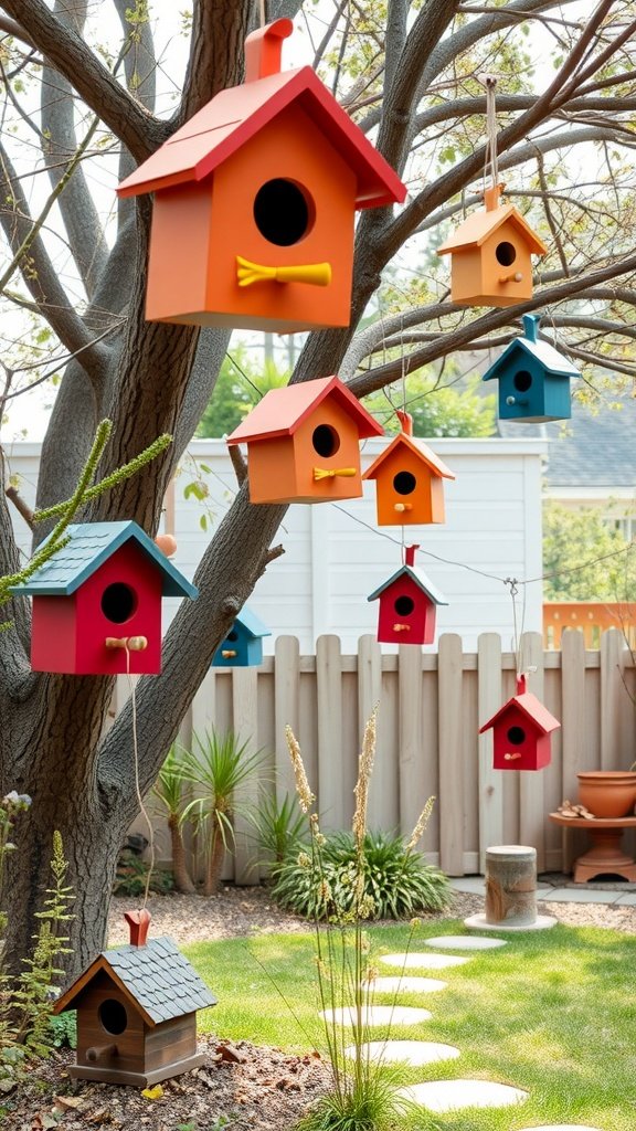 Colorful birdhouses hanging from a tree in a backyard setting