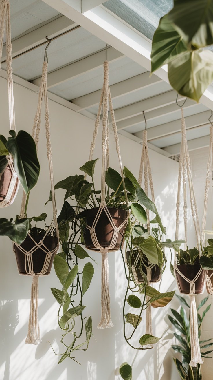 Macramé hangers displaying various plants indoors