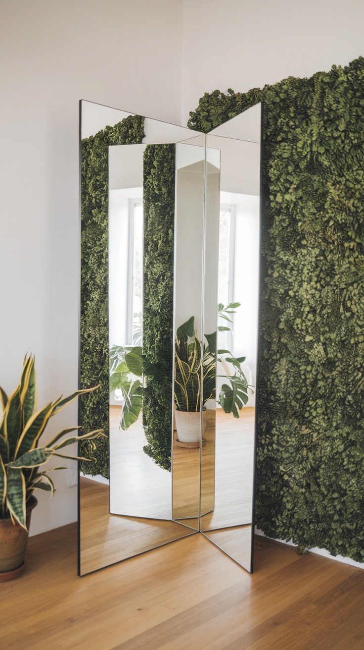 A stylish mirror reflecting a vibrant plant wall with ferns and greenery.