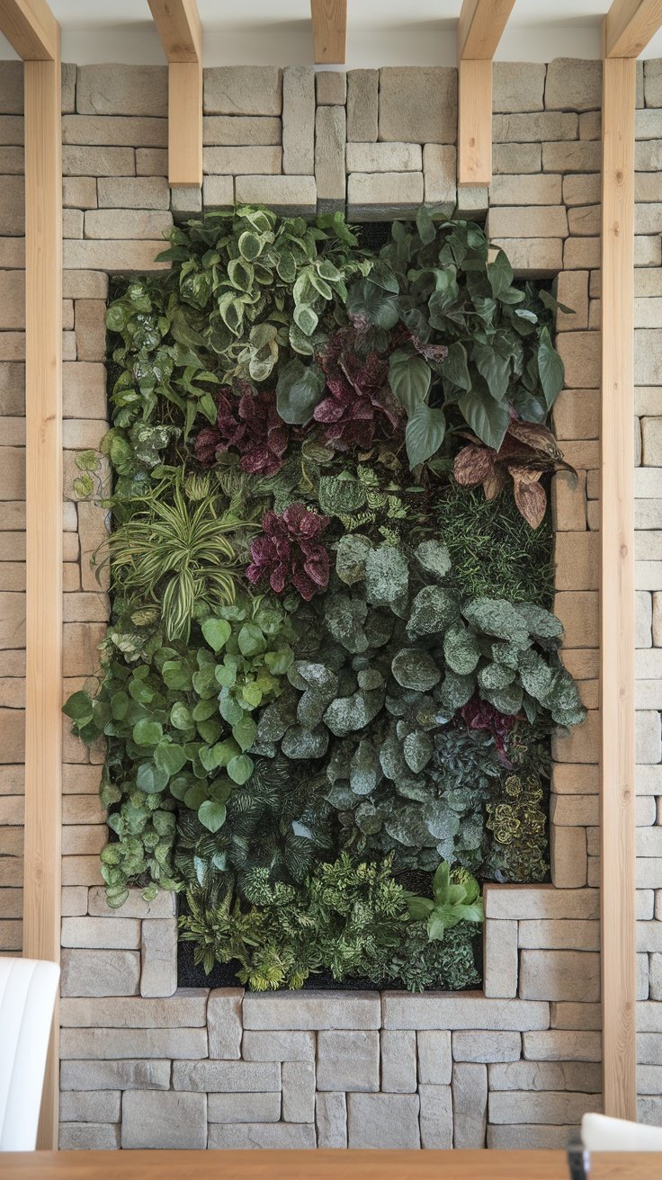 A stunning plant wall featuring a variety of greenery against a stone and wood backdrop.