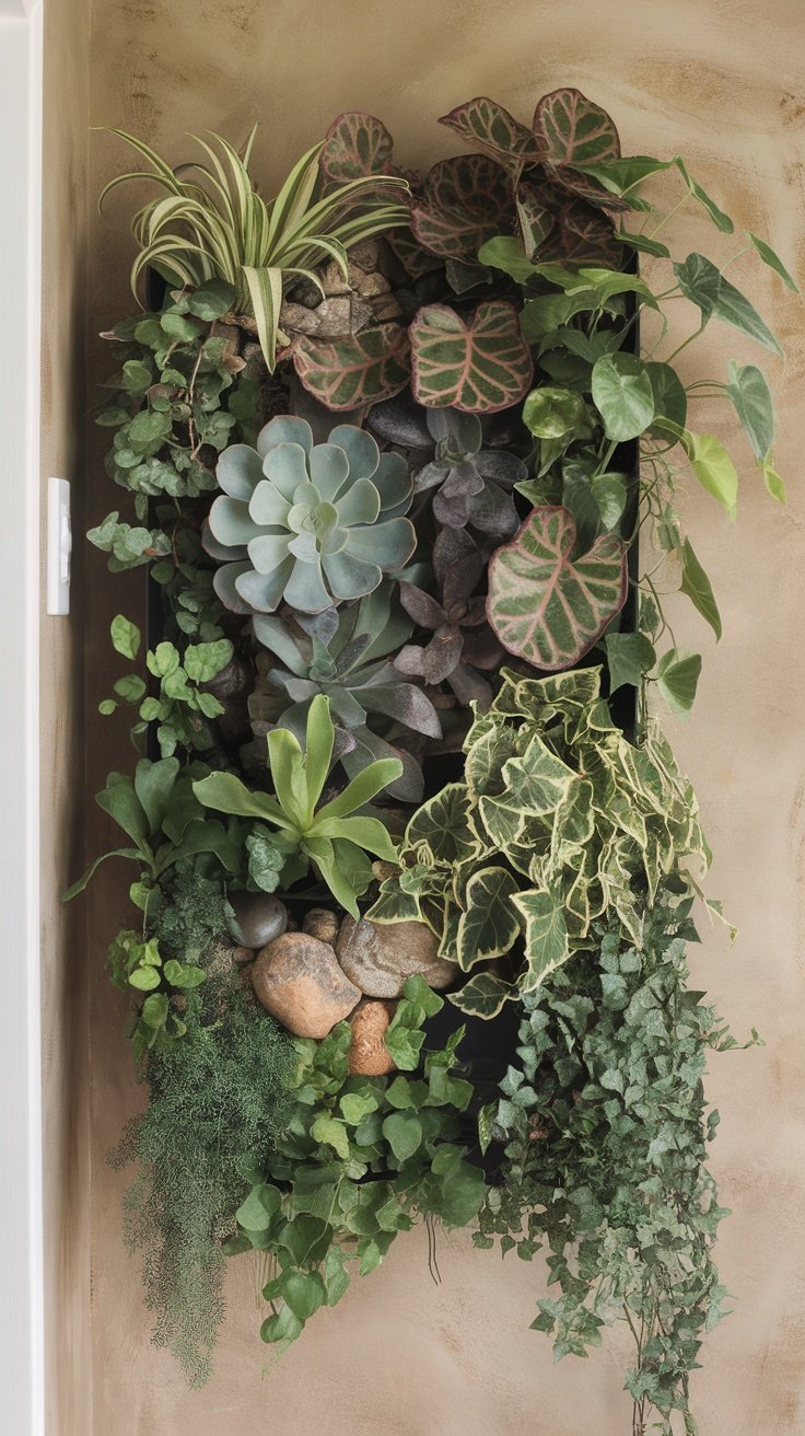 A vertical plant wall featuring various ferns, succulents, and hanging greenery.