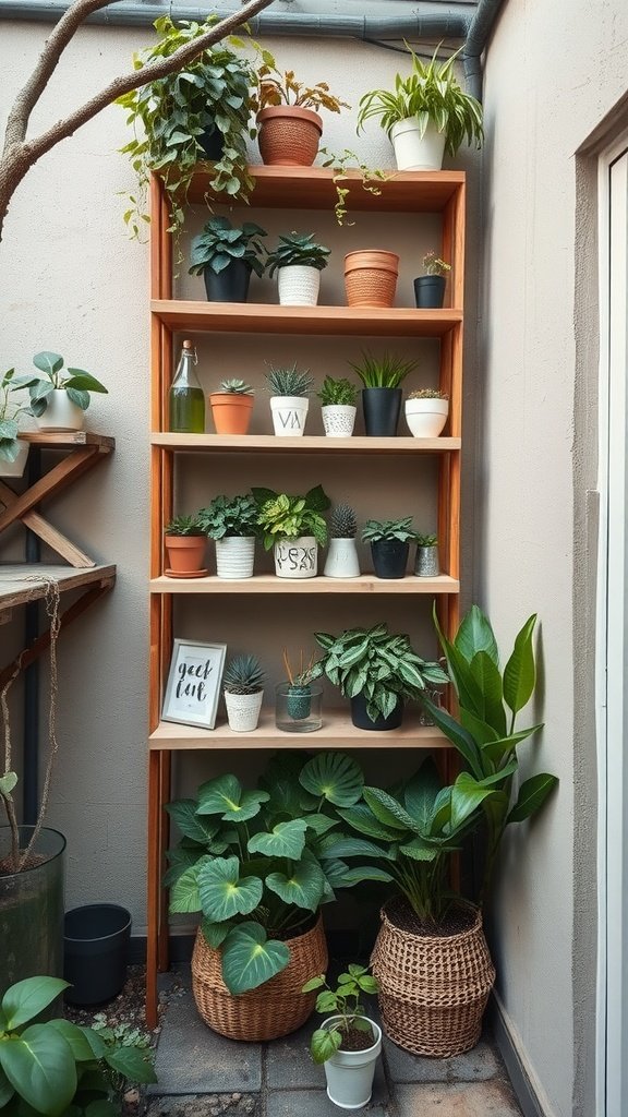 A wooden shelf with various potted plants arranged vertically in a backyard setting.