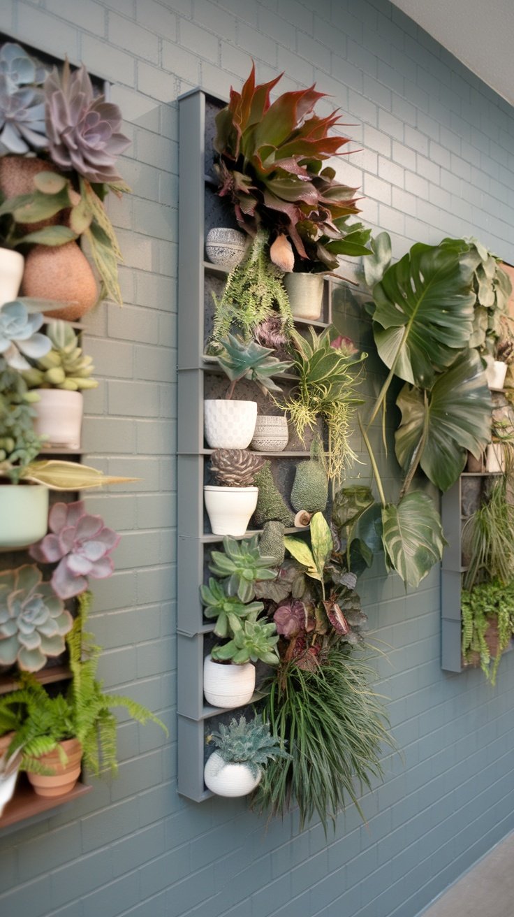 Wall-mounted shelves filled with various plants including ferns, cacti, and greenery.