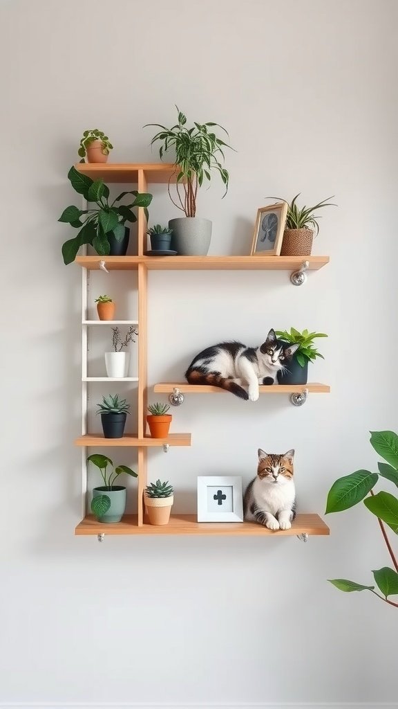 A stylish vertical cat garden featuring shelves with plants and two cats resting on the shelves.
