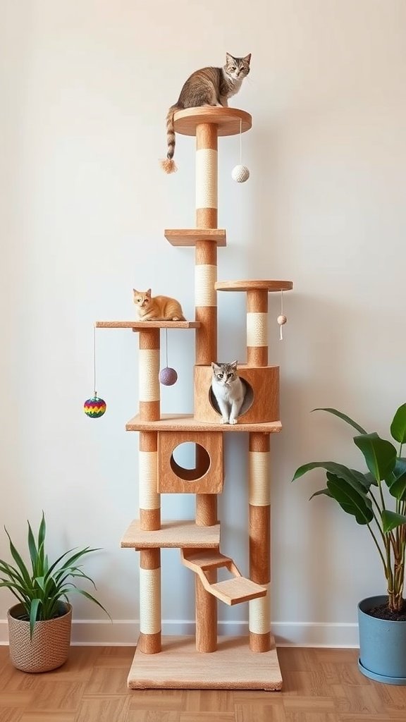 A tall cat tree with multiple levels featuring three cats, plants, and colorful hanging toys.
