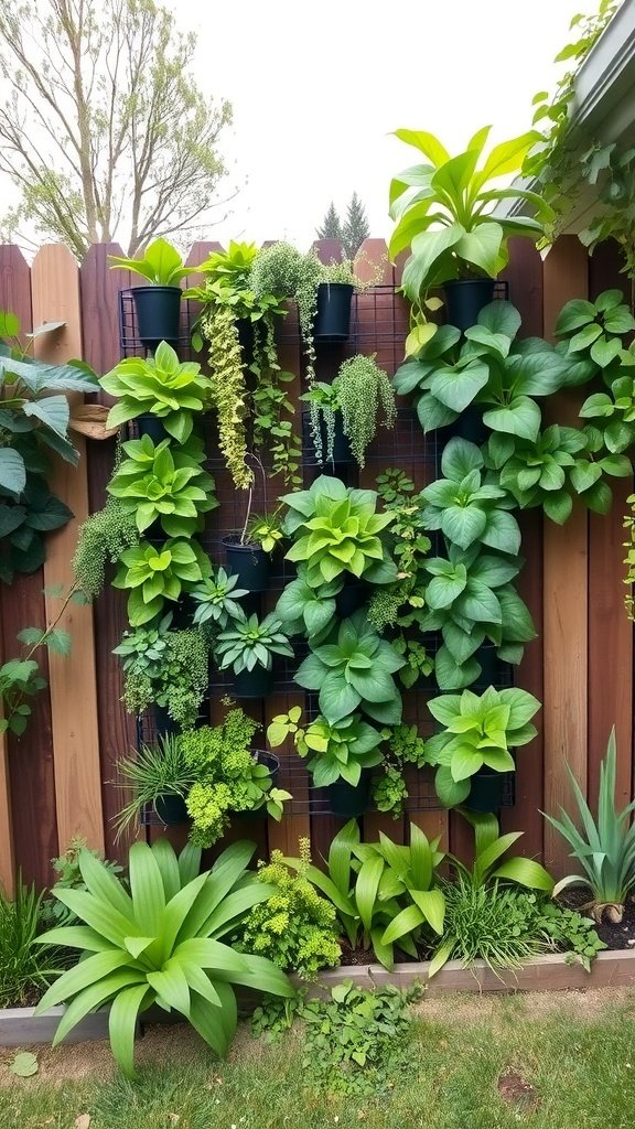 A vibrant vertical garden with various plants attached to a wooden fence.