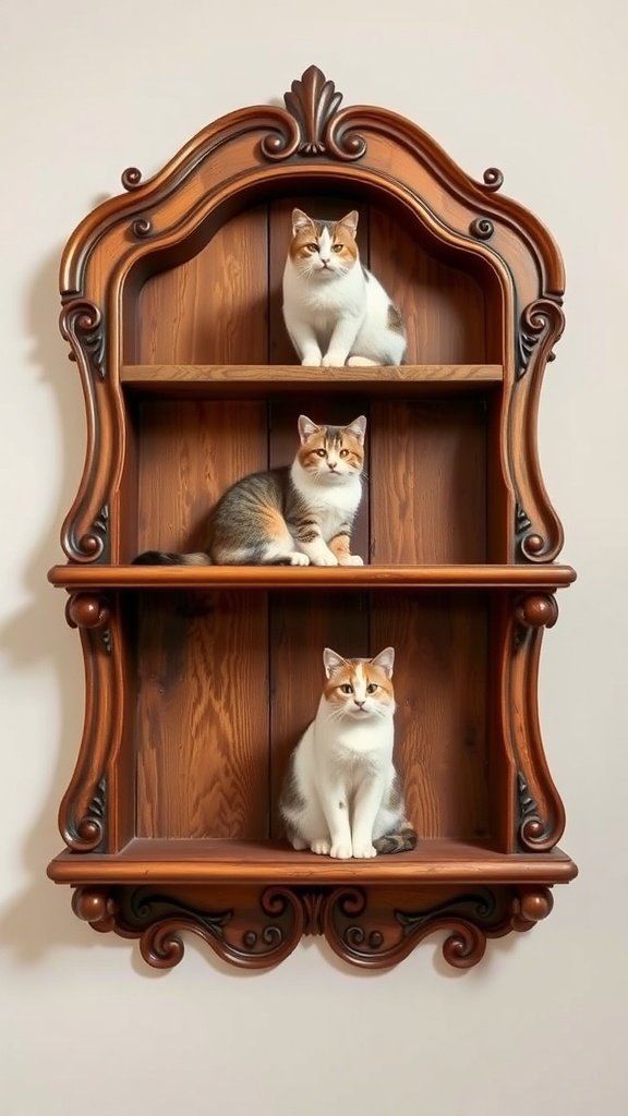 Vintage wooden cat shelves with three cats sitting on them.