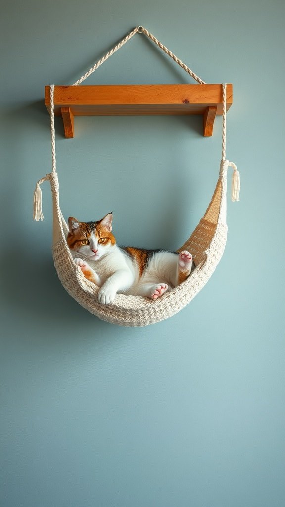A cat comfortably lounging in a wall-mounted hammock.