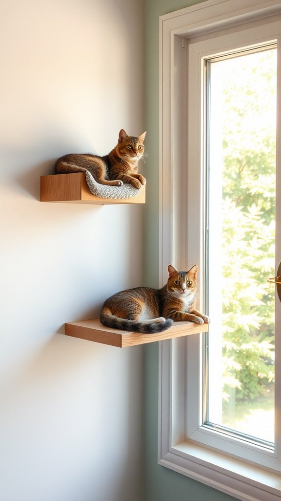 Two cats lounging on wall-mounted wooden shelves near a window