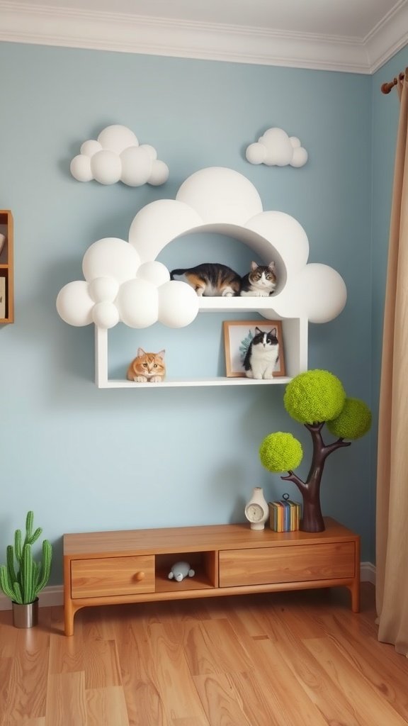 Whimsical cloud-shaped cat shelf with multiple cats resting on and around it.