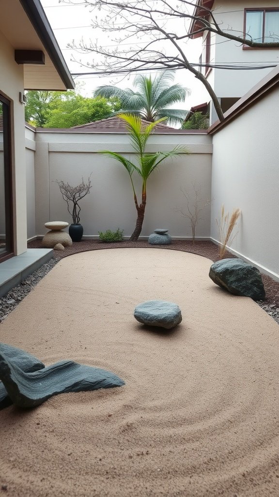 A serene zen garden featuring sand patterns, rocks, and minimalistic plants.