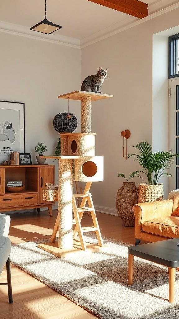 A cozy living room with a tall cat tower and a cat perched on top.