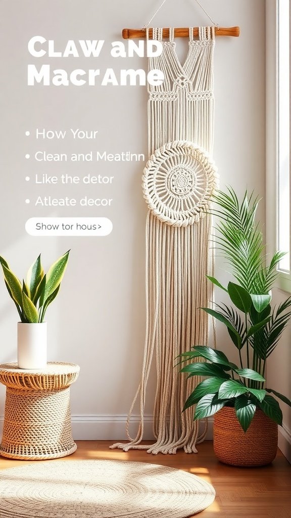 A beautiful macrame wall hanging with intricate designs displayed in a cozy room with plants.