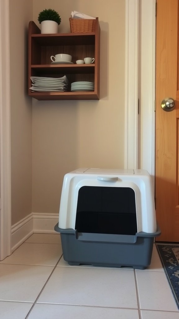 A cat litter box placed in a corner, with a shelf above holding dishes and a small plant.