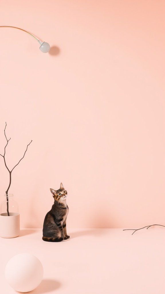 A cat sitting on a pink surface with minimalist decor.
