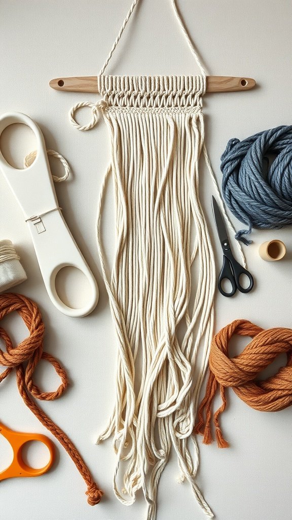 An assortment of macrame materials including cotton ropes, scissors, and a wooden dowel.