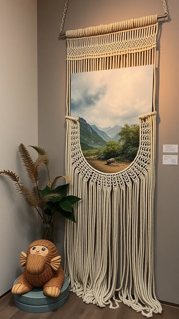 A macrame wall hanging featuring a scenic landscape image, complemented by a playful plush figure and plants.