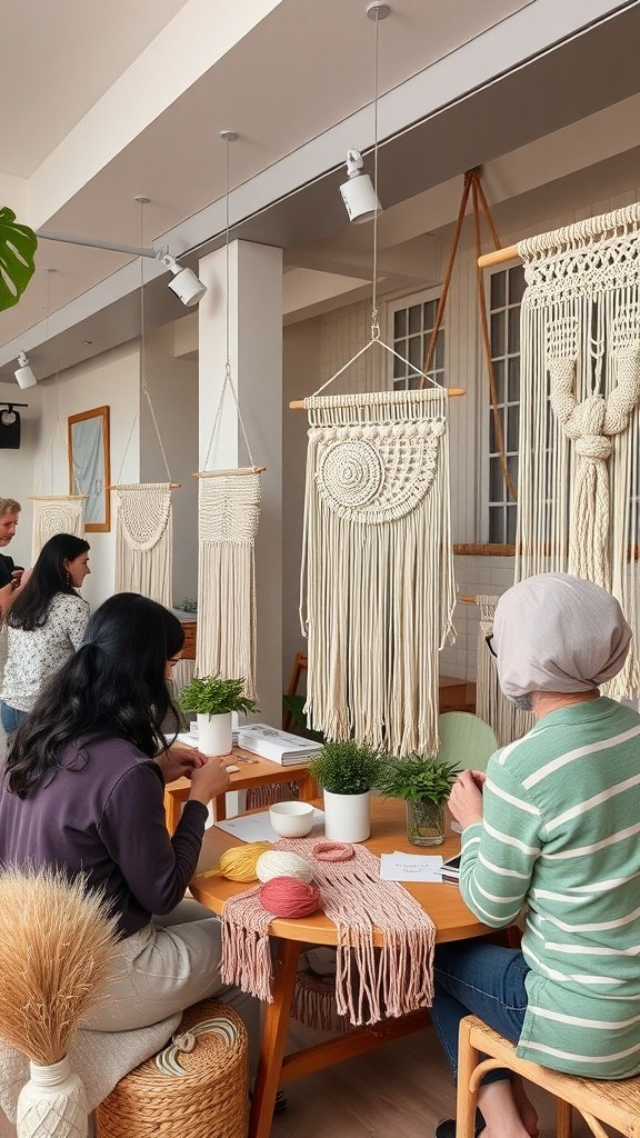 Participants engaged in a macrame workshop creating wall hangings.