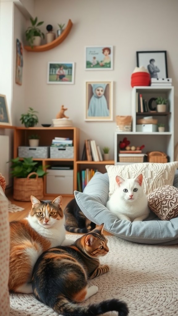 A cozy living room with three cats lounging on a rug and a cat bed.