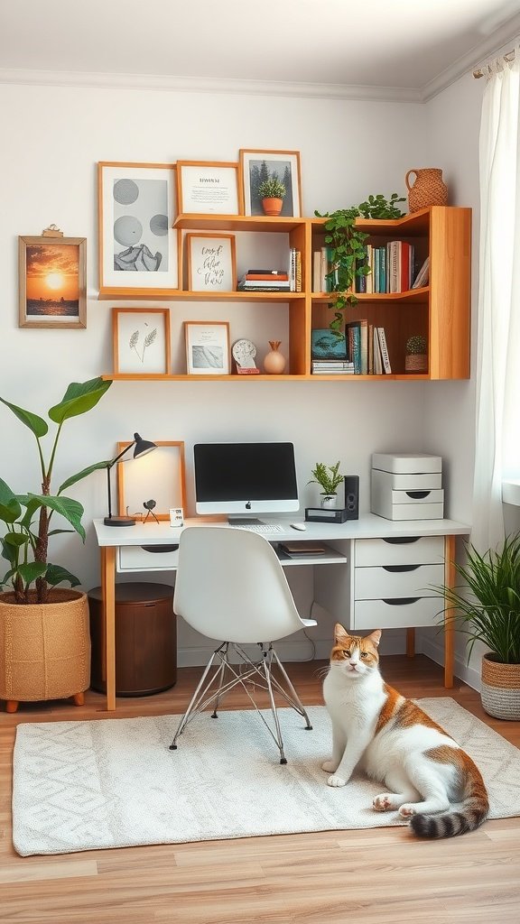 A cozy home office with a cat sitting on a rug, surrounded by plants and a modern desk.