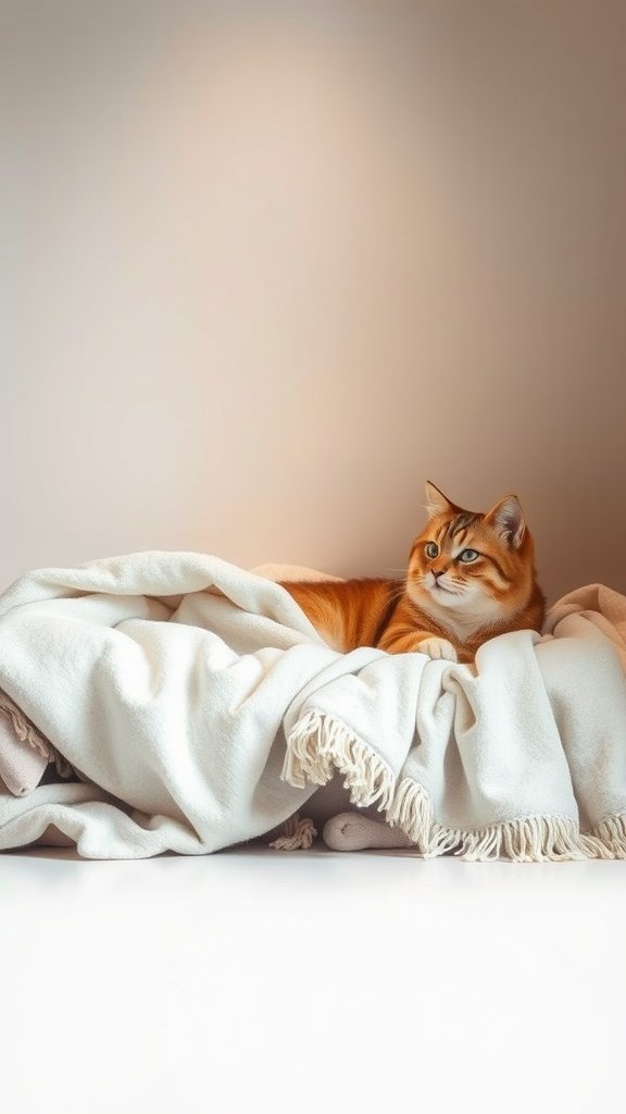 A calm orange cat lounging on a pile of soft blankets.