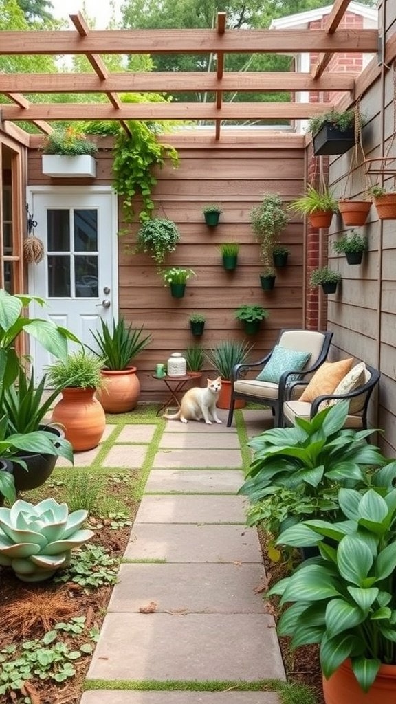 A safe outdoor space with plants, seating, and a cat