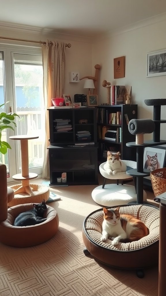 A cozy living room with three cats lounging on beds and cat furniture.