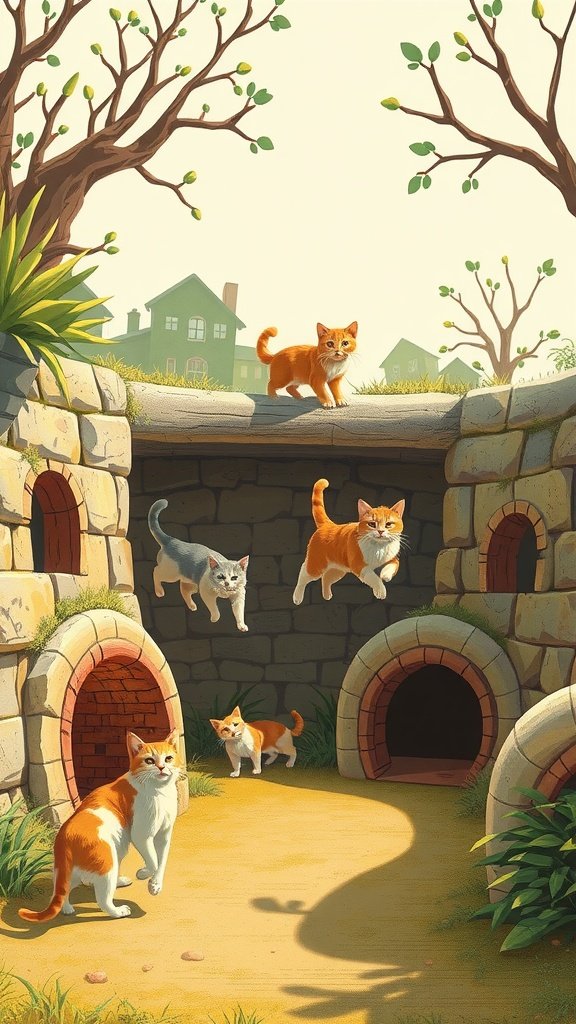 Illustration of a playful cat escape route with various entrances and trees.