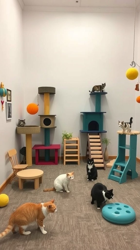 A colorful cat play area with various climbing structures and several cats