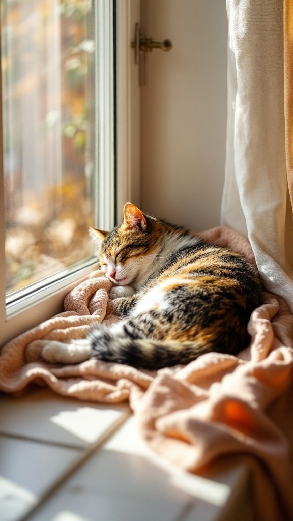 Two cats napping peacefully on a cozy blanket by a sunny window.