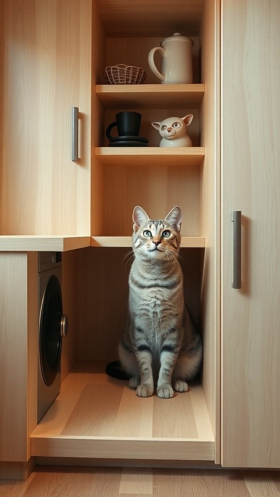 A cat sitting in a wooden cabinet with shelves, surrounded by decorative items.