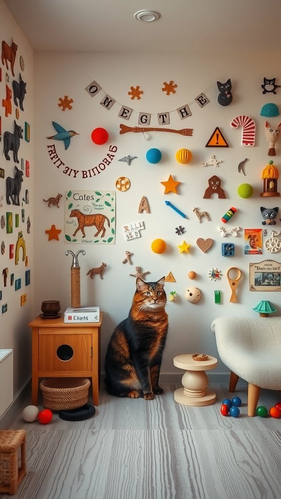 A cozy room featuring a cat next to a wall adorned with colorful decorations and interactive elements.