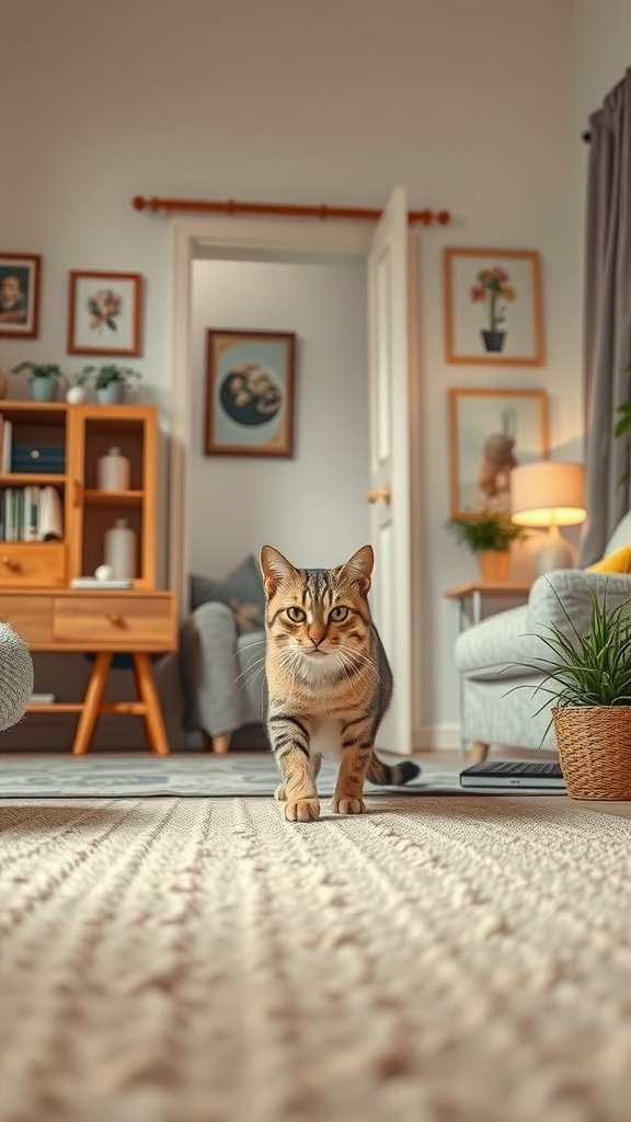 A cat walking through a cozy living room with plants and artwork.