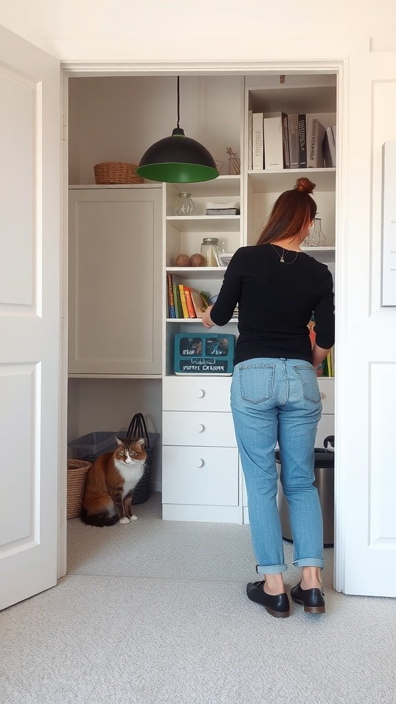 A person organizing a space with shelves while a cat watches.