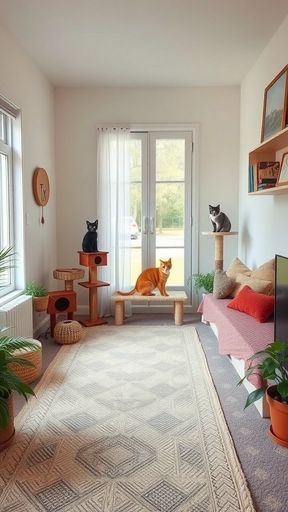 A cozy living room with three cats on platforms and a large window.