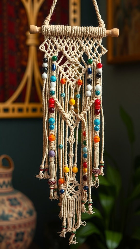 Macrame wall hanging with colorful beads and embellishments.