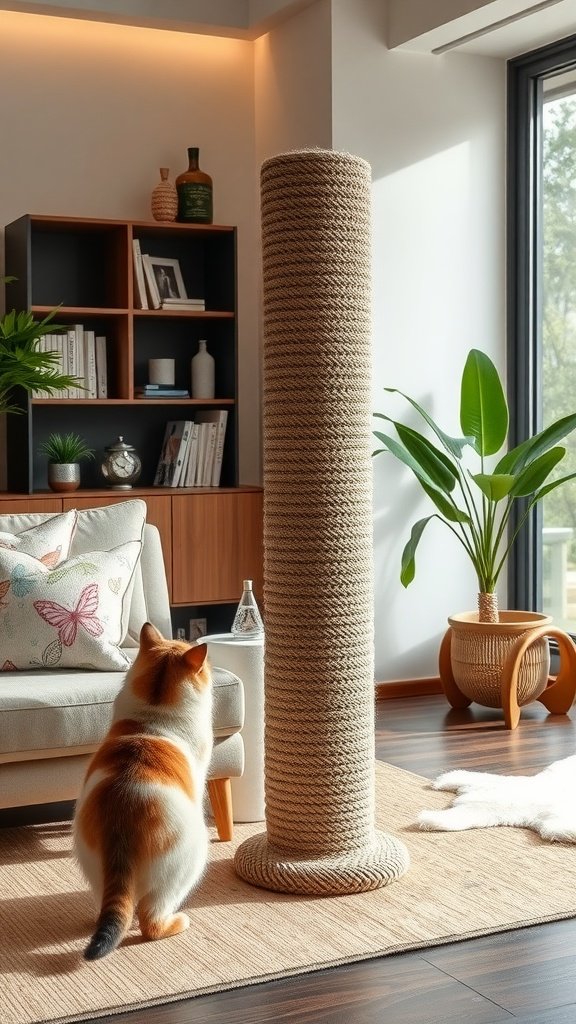 A cozy living room with a cat scratching post and a cat looking at it.