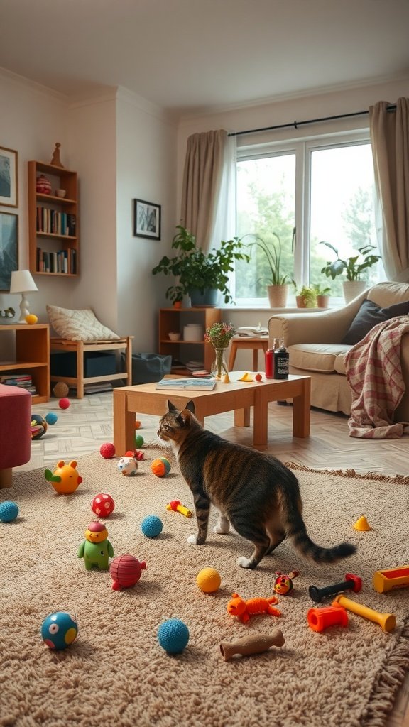 A cat exploring a living room filled with various colorful toys scattered on a soft rug.