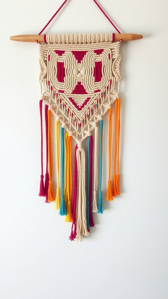 Colorful macrame wall hanging with tassels in various shades
