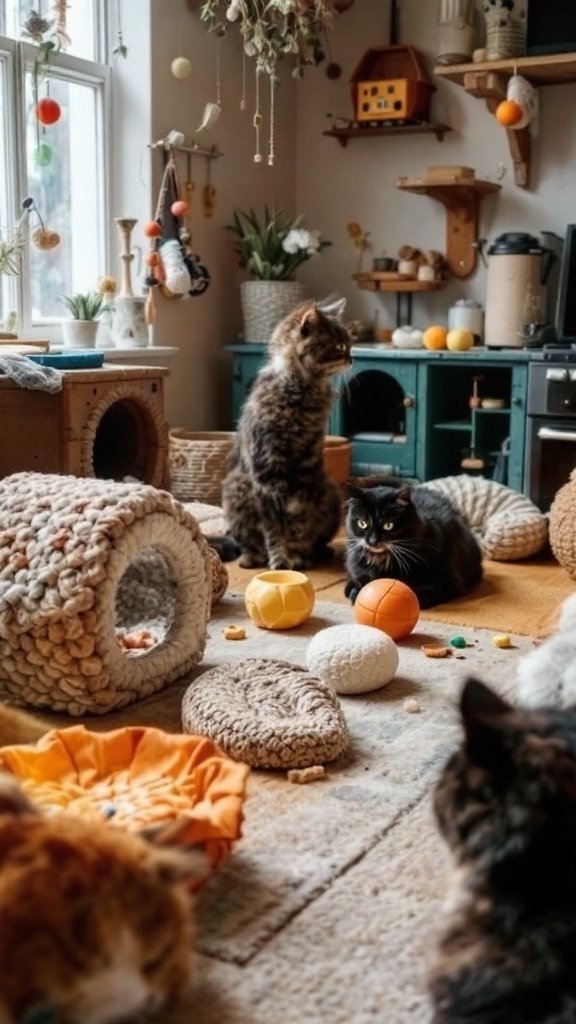 A cozy room with multiple cats exploring and playing.