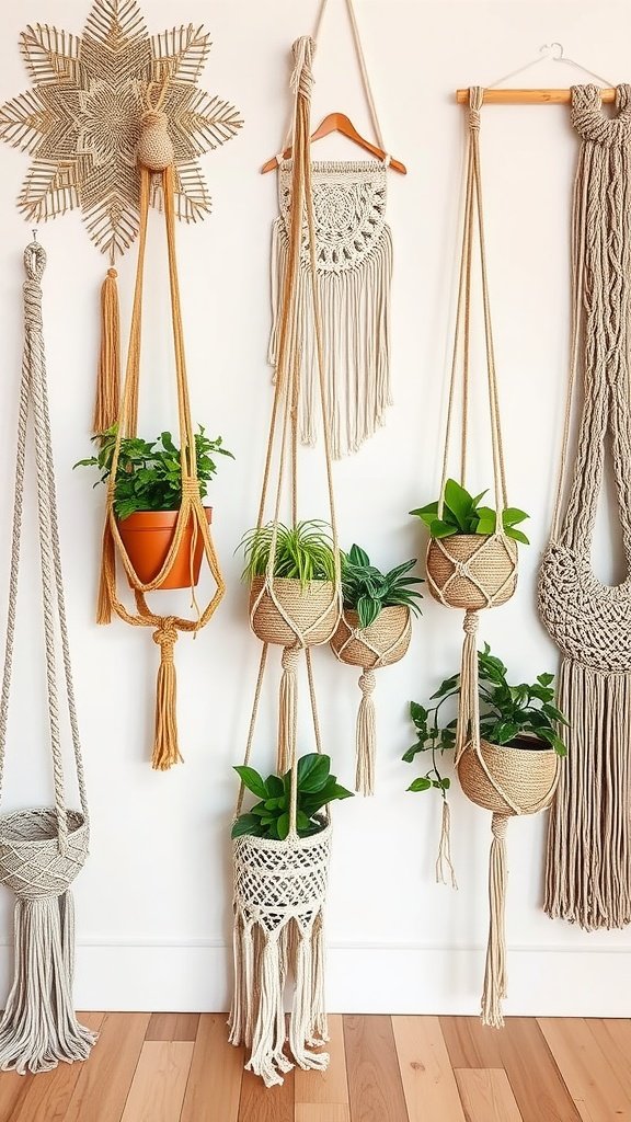 A collection of macrame plant hangers with various plants, showcasing decorative macrame designs.