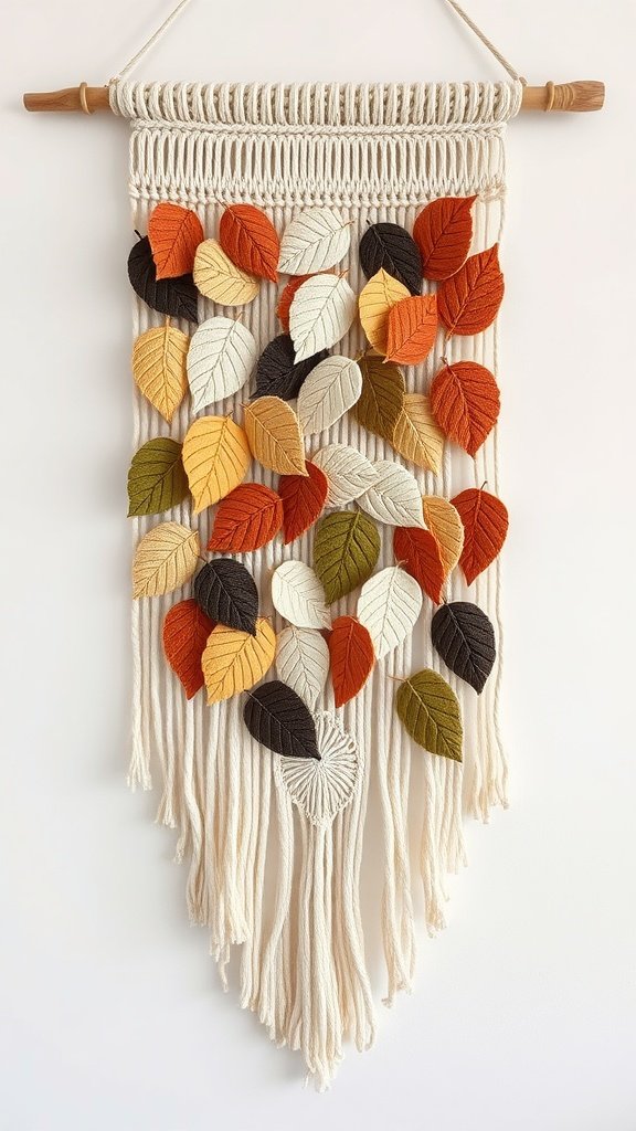 Macrame wall hanging with colorful felt leaves