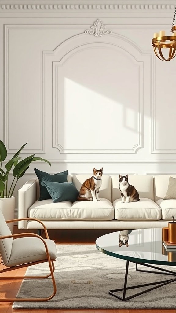 A cozy living room with two cats on a stylish couch, showcasing cat-friendly decor.