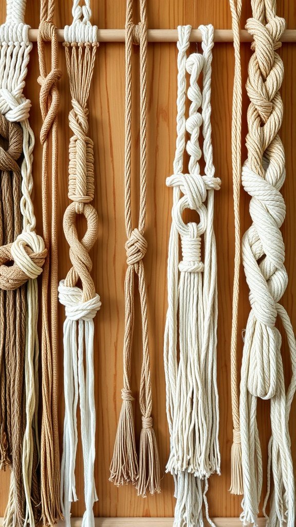 A collection of macrame techniques displayed on a wooden rod