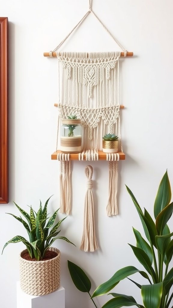 A beautiful macrame wall hanging with two glass planters, surrounded by leafy plants.