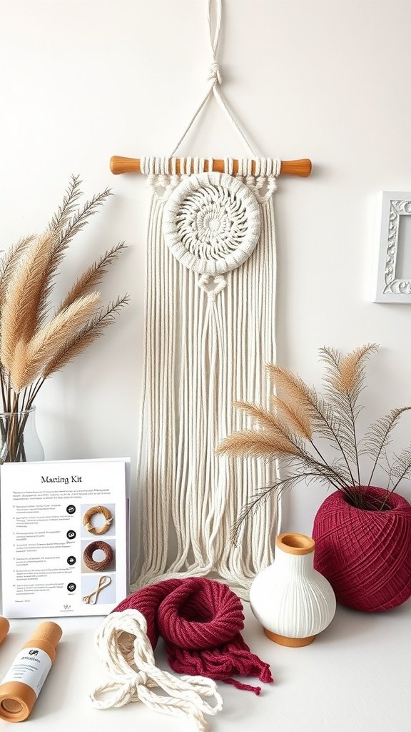 Macrame wall hanging kit with ropes, a pattern guide, and decorative items.